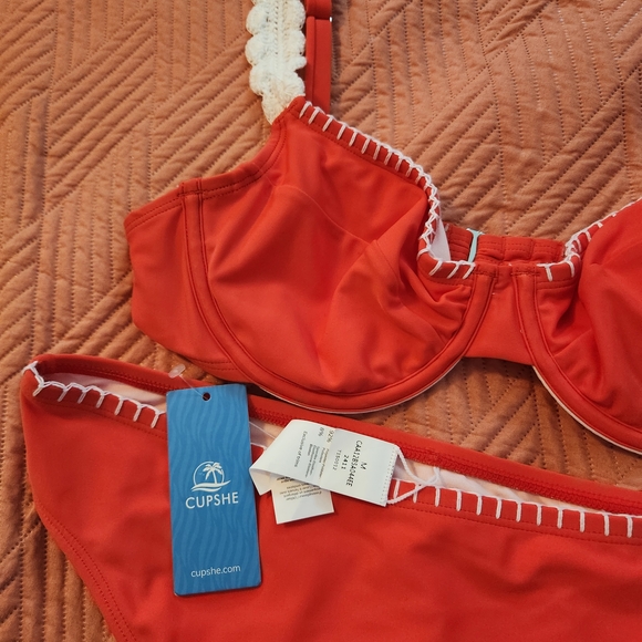 Cupshe Vibrant Orange Bikini with White Accents - Picture 4 of 5